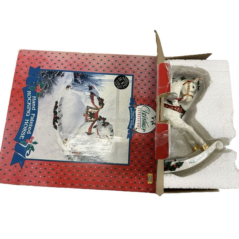 VTG Christmas Expressions Handpainted 18kt Gold Leaf‎ Rocking Horse Figurine 16"
